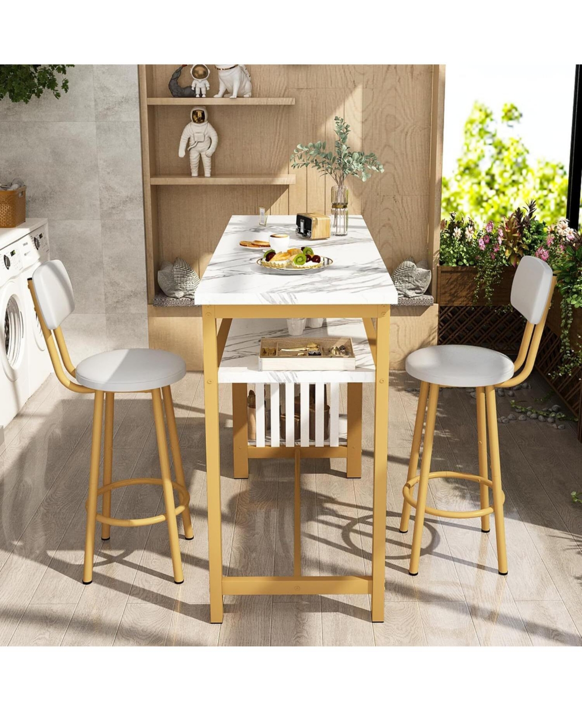 gaomon Bar Table with 2 stools, Counter Height Table with 3 Storage Shelves, 3 Piece Dining Table Set for Small Space, Apartment, Kitchen