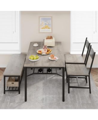Dining Table Set for 4 Kitchen Table With Bench & 2 Chairs 4-Piece Dining Table Set w/ Storage Wine Rack Rectangular Dining Furniture Set With Chairs and Bench for Small Space, Apartment
