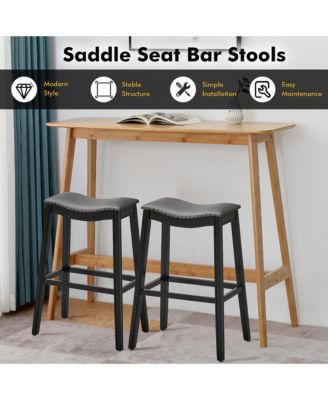Set of 4 Saddle Bar Stools Bar Height Kitchen Chairs w/ Rubber Wood Legs
