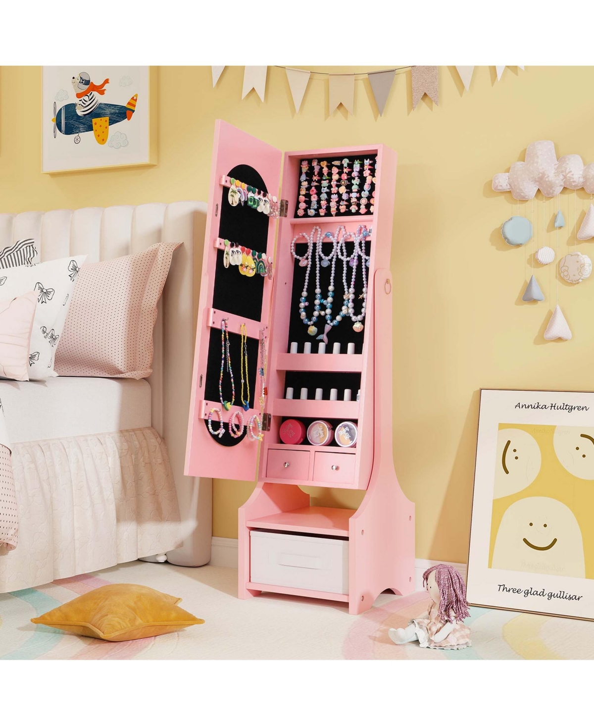 Costway Kids Vanity Set Princess Makeup Dressing Table & Chair Set with Jewelry Armoire