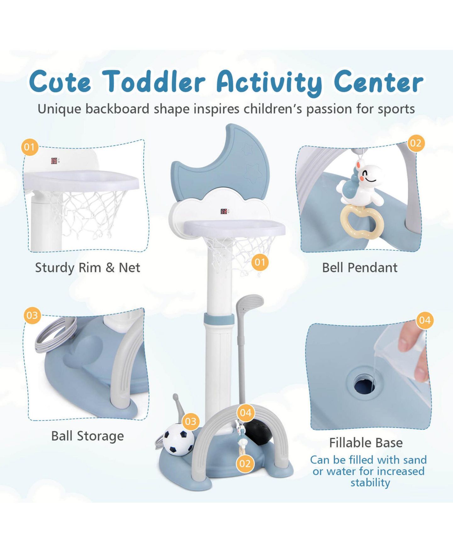 Детские игрушки Costway 4-in-1 Toddlers Basketball Hoop with Soccer Golf and Ring Toss Game, цвет: Синий — фото 6