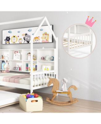 Twin Size Kids Montessori Daybed with Roof Design and Built-in Shelf Compartments