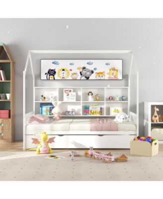 Twin Size Kids Montessori Daybed with Roof Design and Built-in Shelf Compartments