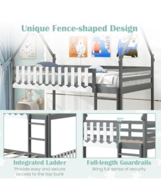 Twin Over Twin Bunk Bed with Fence and Ladder for Kids