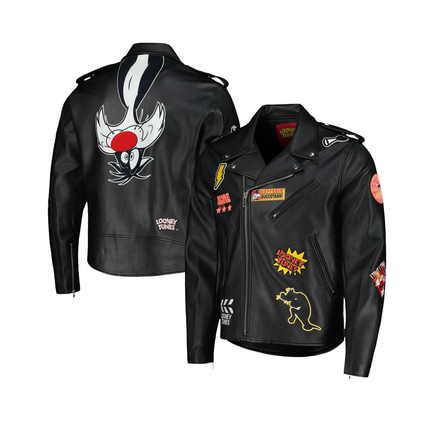Men's Sylvester Black Looney Tunes Graphic Biker Full-Zip Jacket