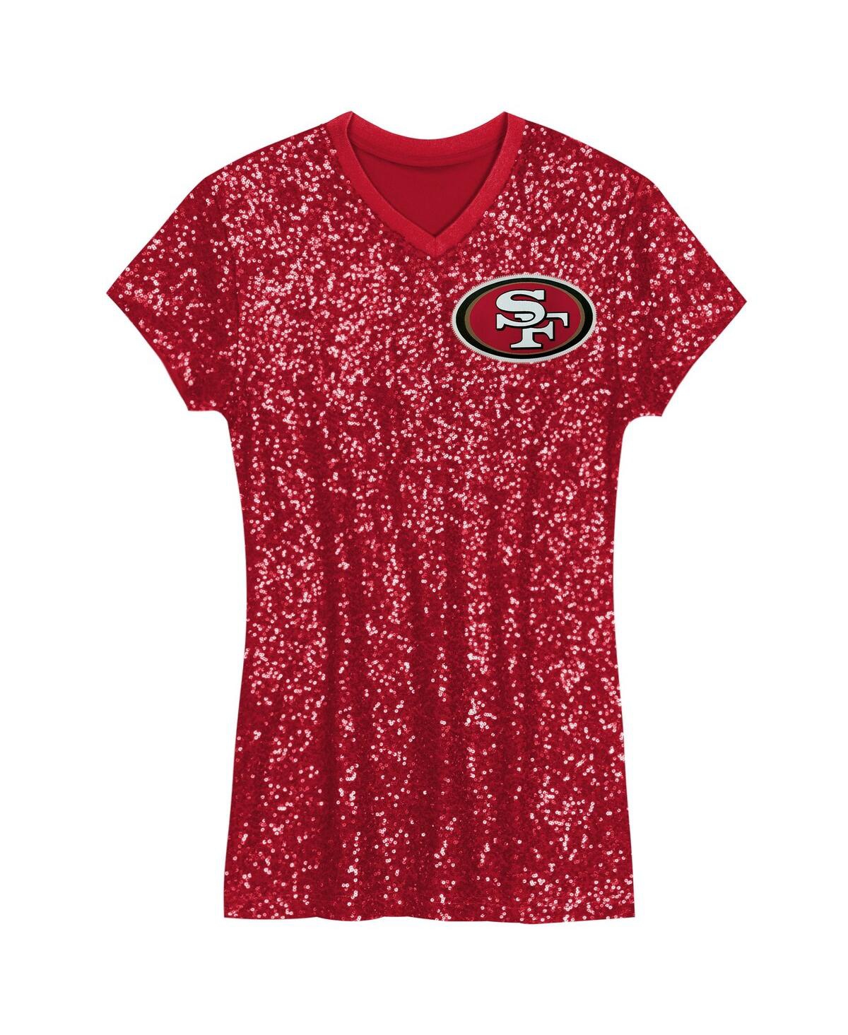 Outerstuff Big Girls Christian Mccaffrey Scarlet San Francisco 49ers Sequin Player Name Number V-neck Dress In Scarlet