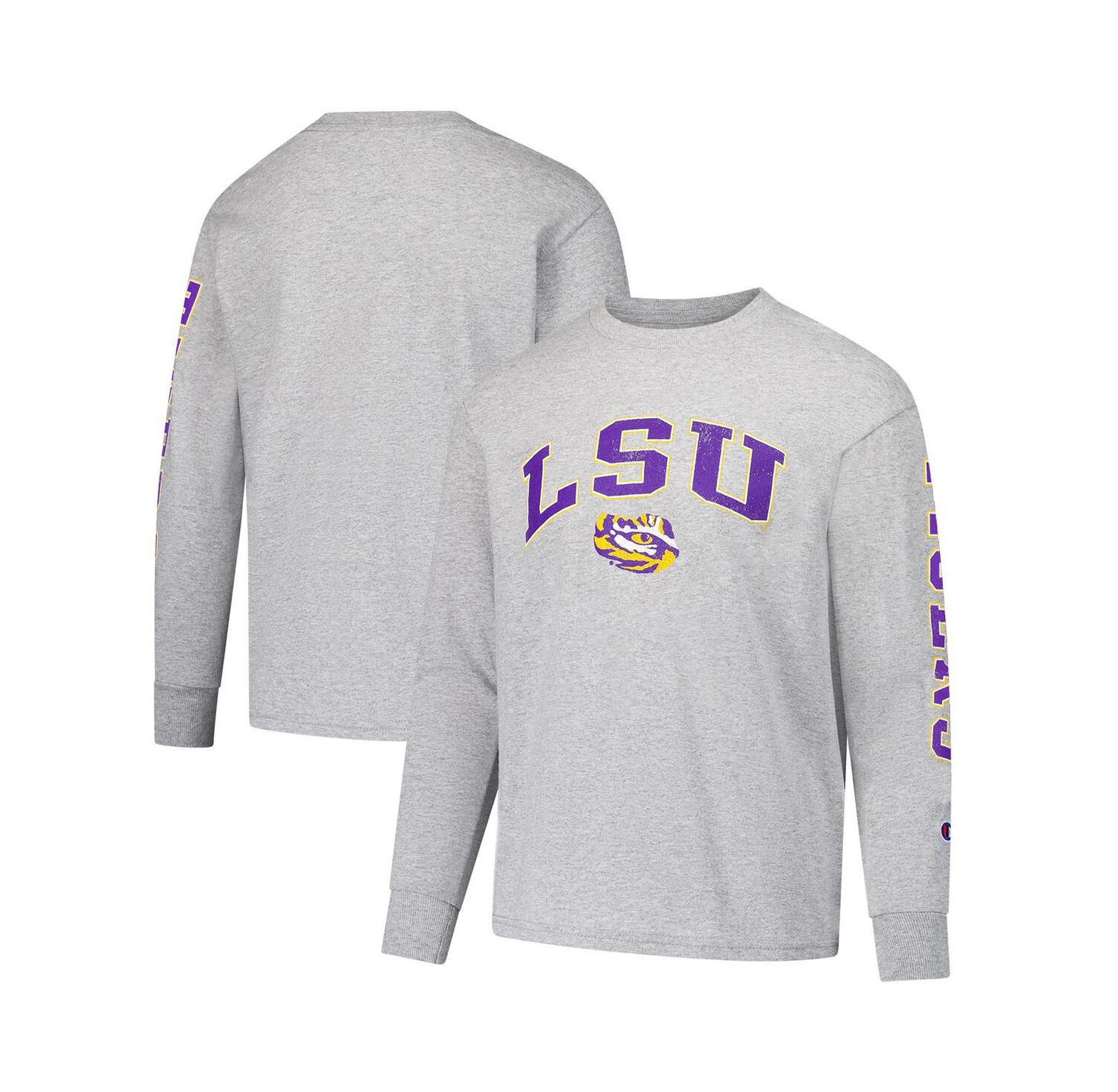 Big Boys and Girls Gray LSU Tigers Distressed Arch Over Logo Long Sleeve T-Shirt