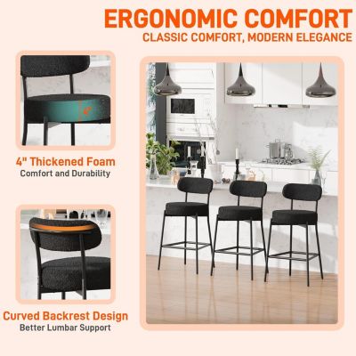 Bar Stools Set of 3, 24 Inches Modern Counter Height Bar Stools with Curved Back Metal Legs, Upholstered Tall Barstools