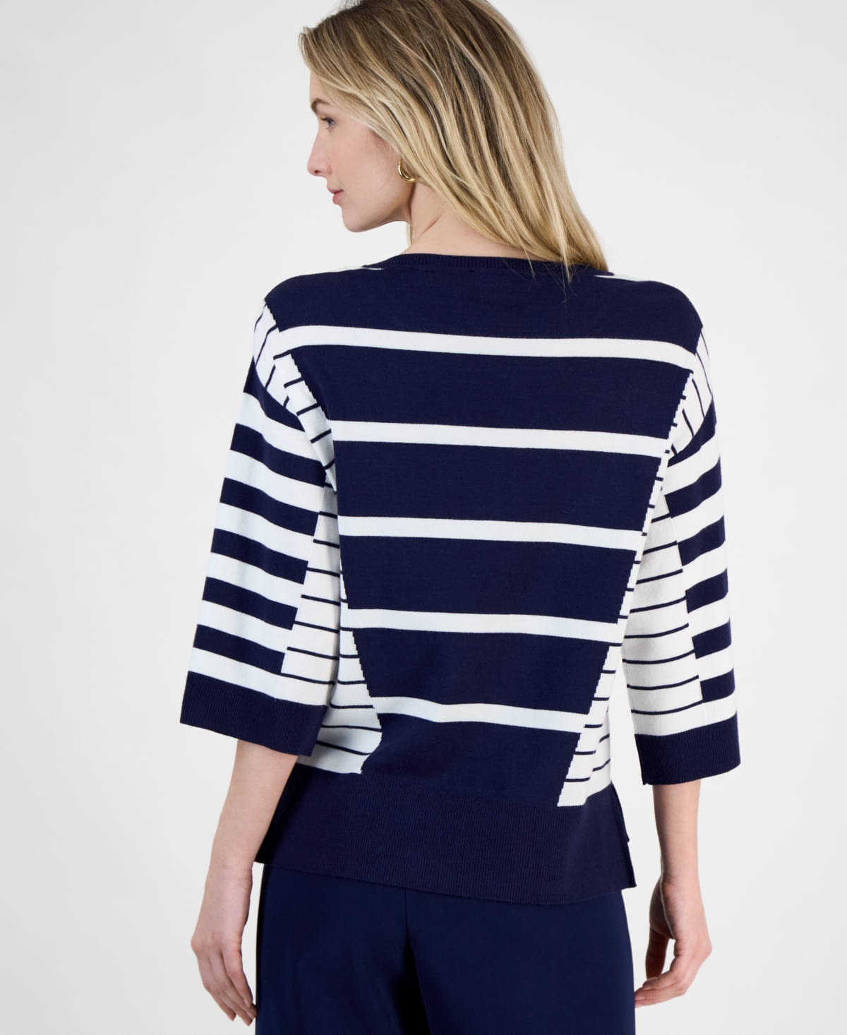 T Tahari Women's Striped 3/4-sleeve Sweater In Evening Navy,white Stripe