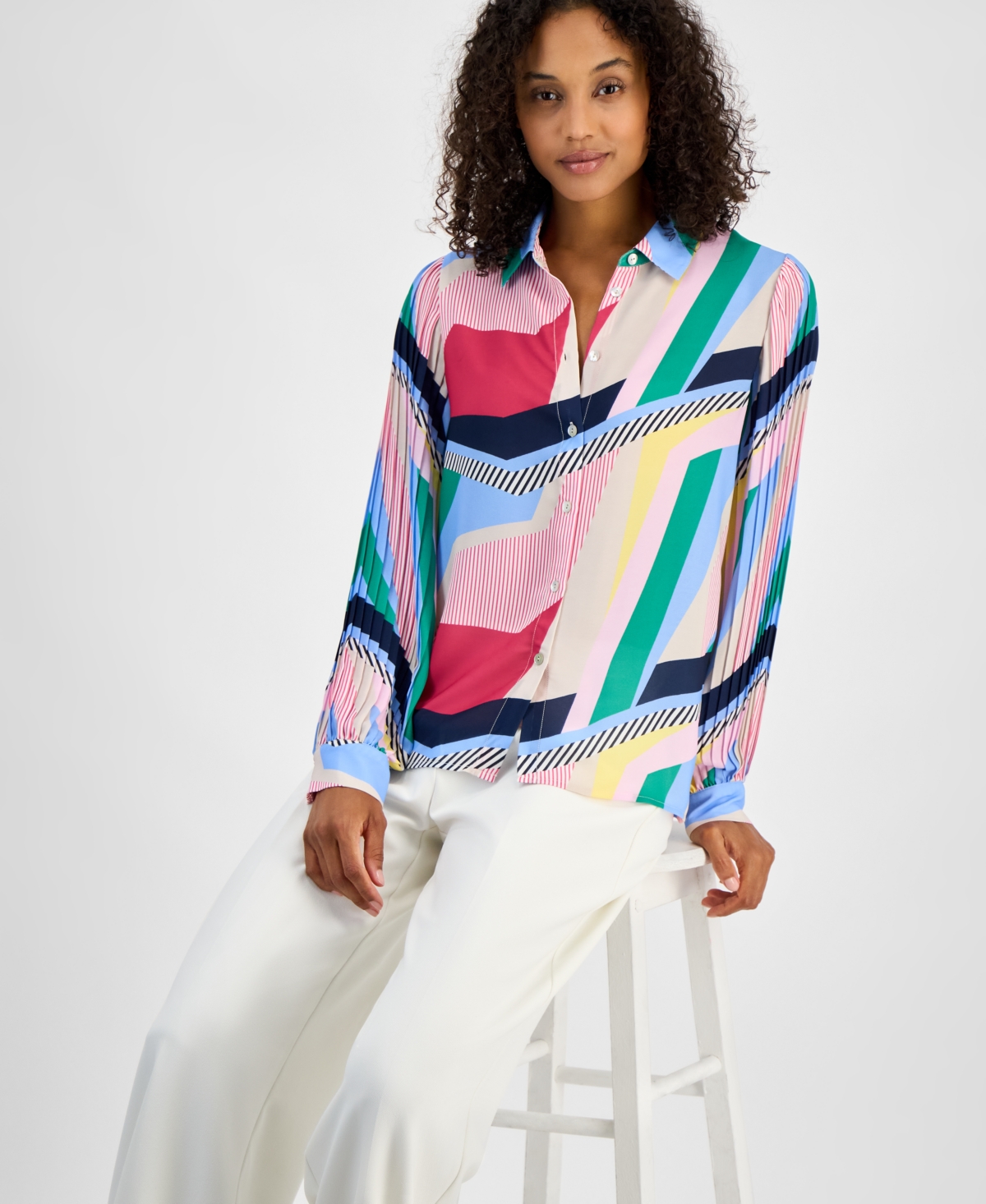 T Tahari Women's Abstract-print Button-down Blouse In Kaleidoscope