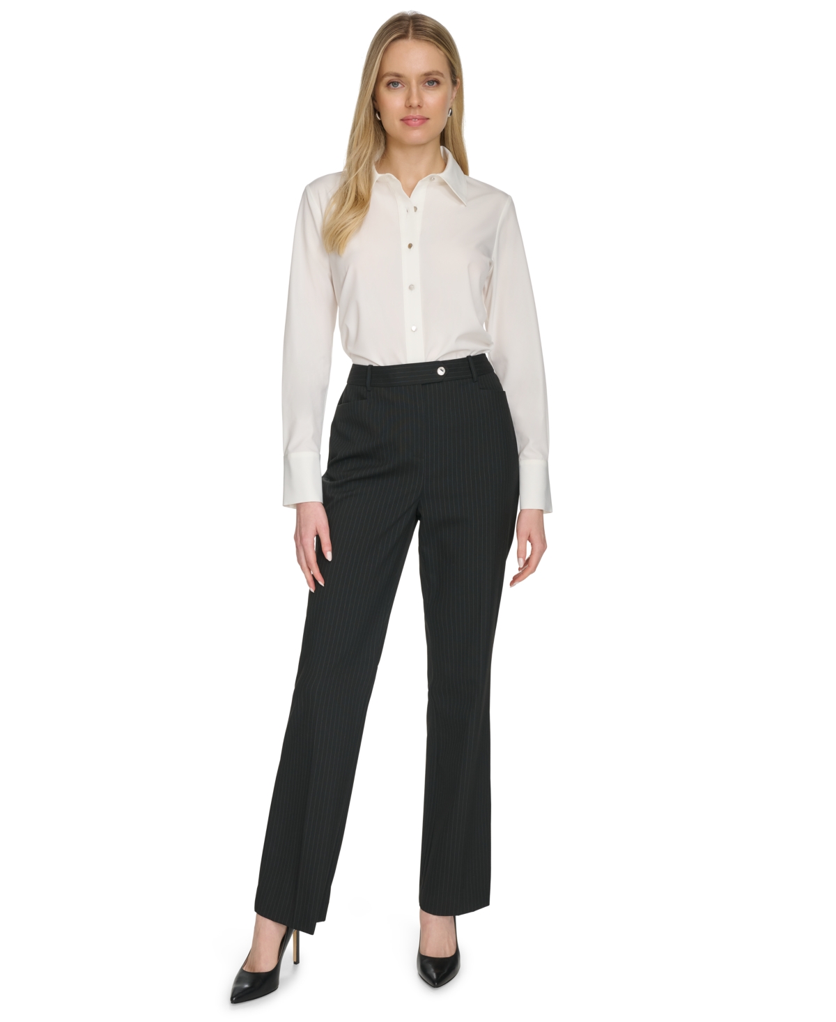 Shop Calvin Klein Women's Pinstripe Modern Fit Trousers In Black,cream