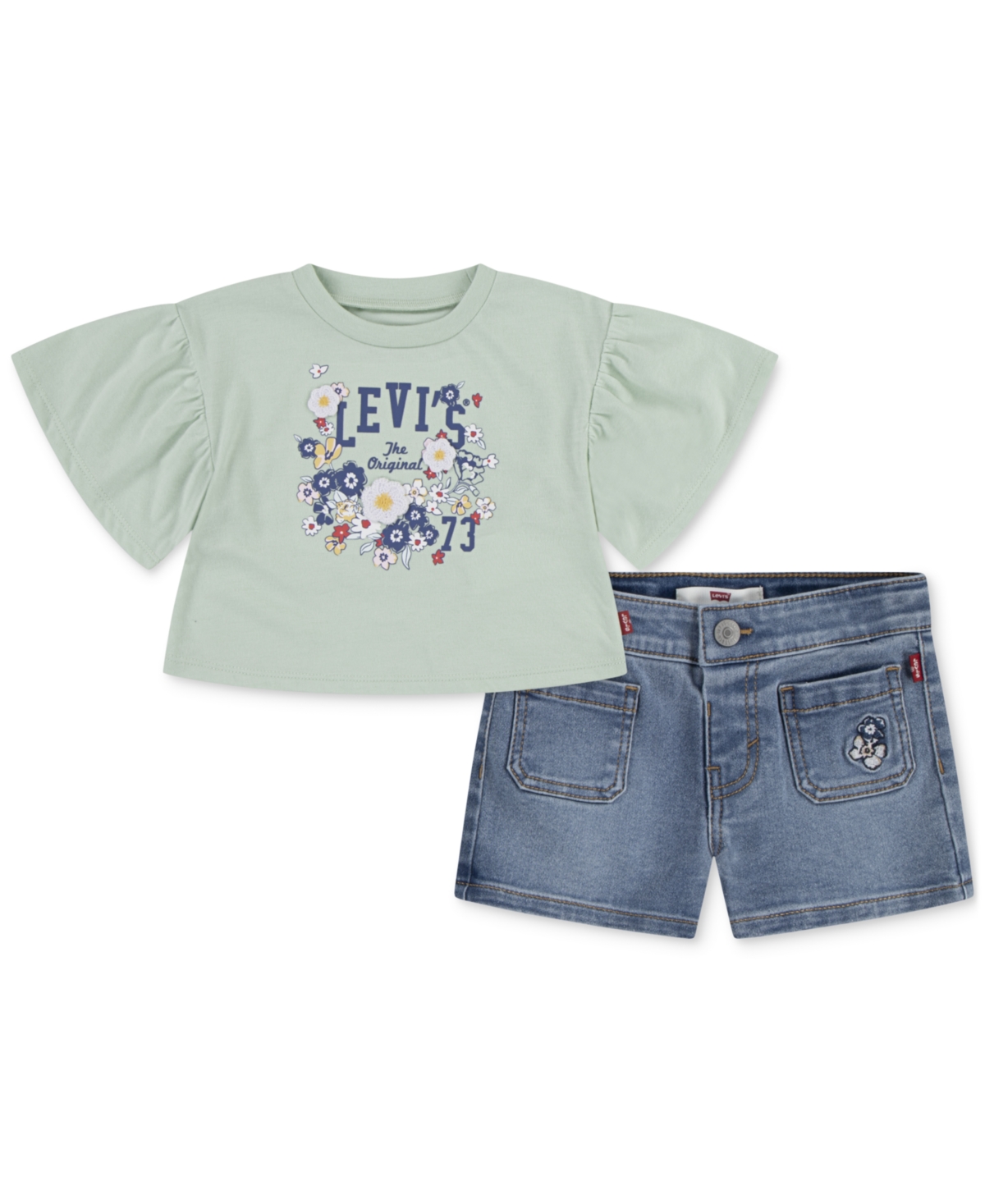 Levi's Baby Girls 2-pc. Flutter-sleeve Top & Jean Shorts Set In Blue