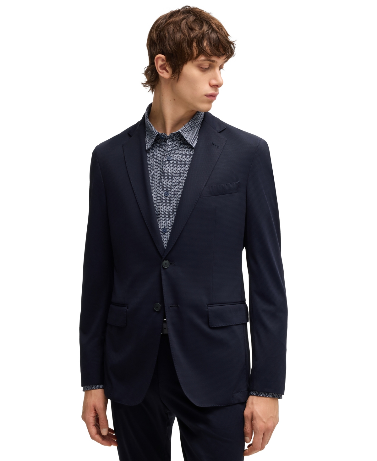 HUGO BOSS BOSS BY HUGO BOSS MEN'S PATTERNED PERFORMANCE STRETCH SLIM-FIT SUIT 