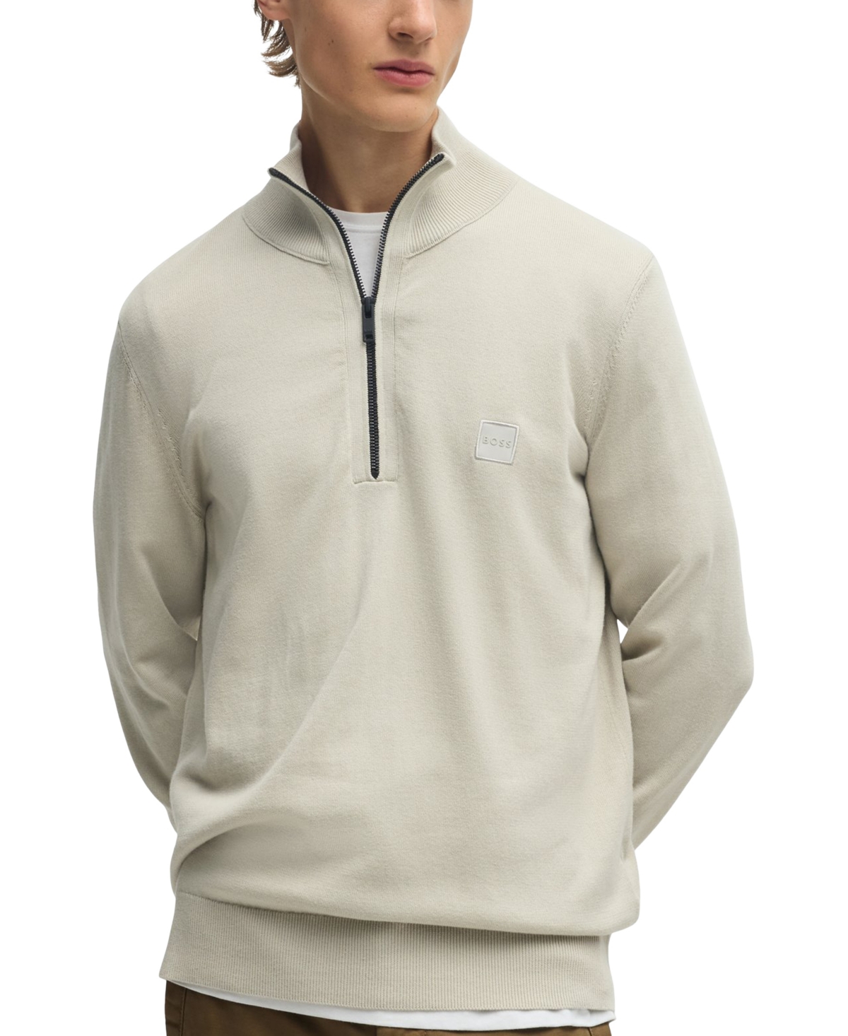 HUGO BOSS BOSS BY HUGO BOSS MEN'S LOGO PATCH ZIP-NECK SWEATER 