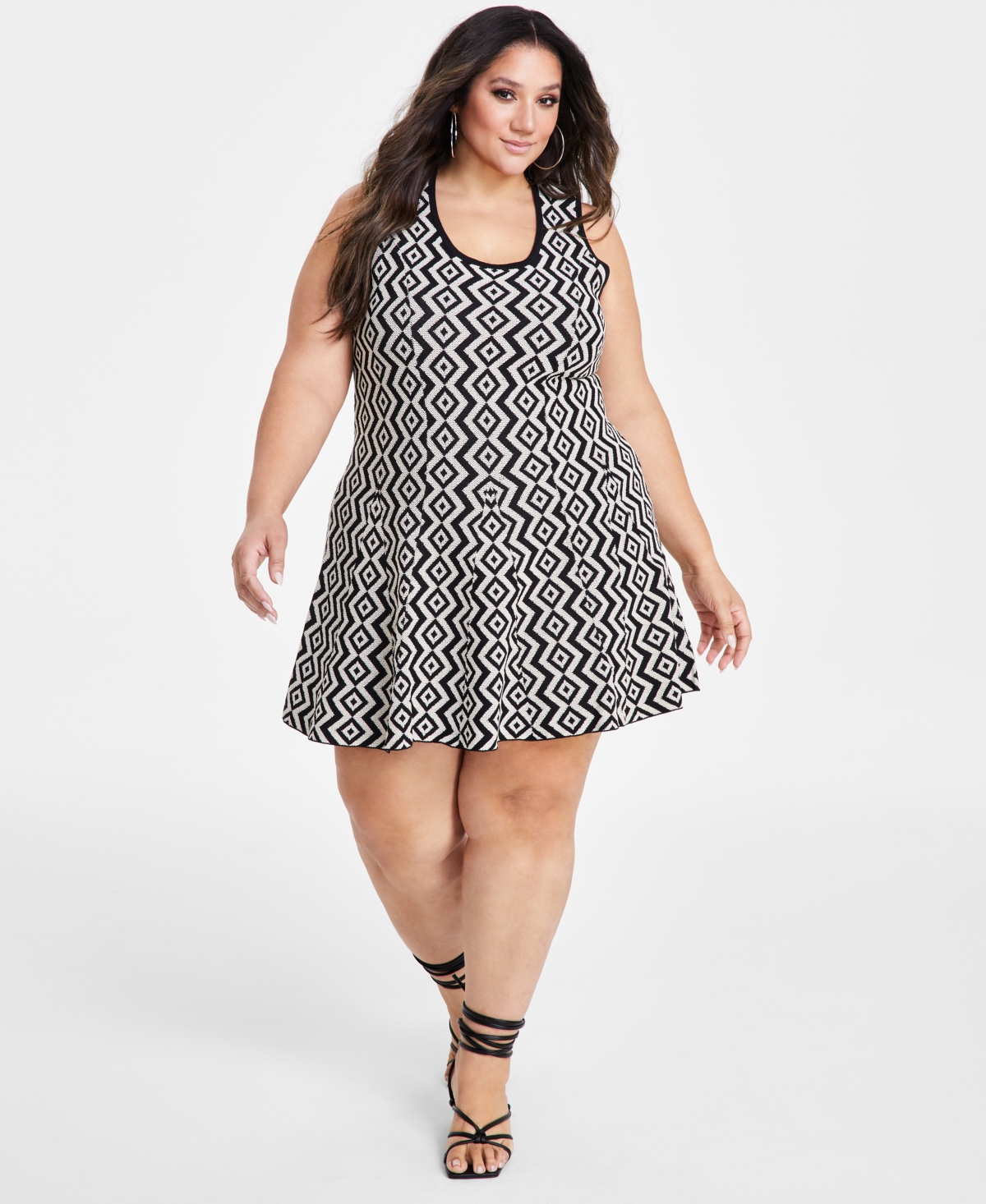 Plus Size Geo-Print Fit & Flare Sweater Dress - Neutral Geo Print