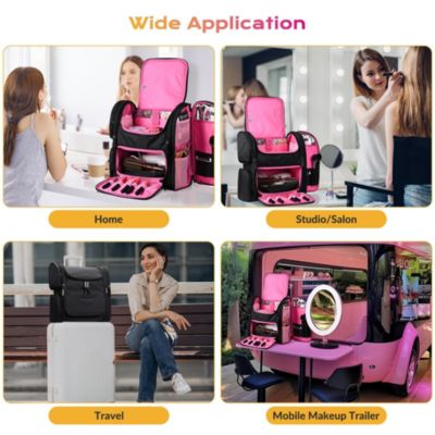 Rolling Makeup Train Case w/ Backpack Travel Barber Cosmetic Pink