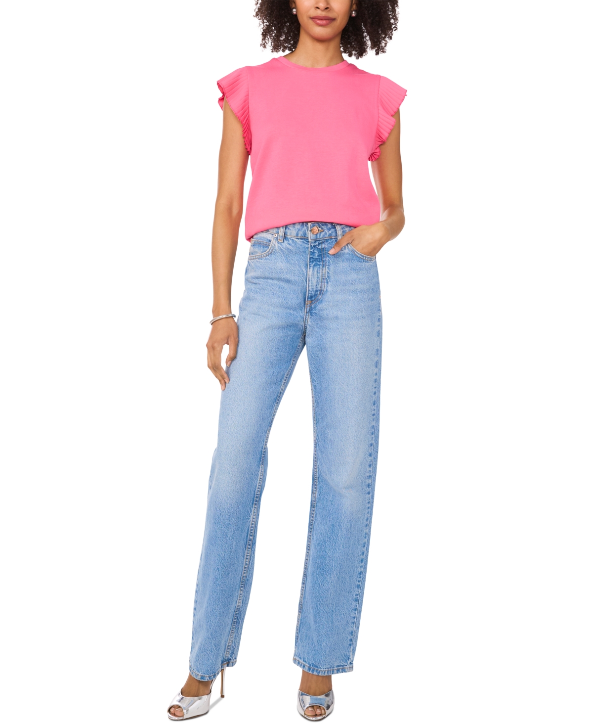 VINCE CAMUTO WOMEN'S RUFFLED-SLEEVE CREWNECK TEE 