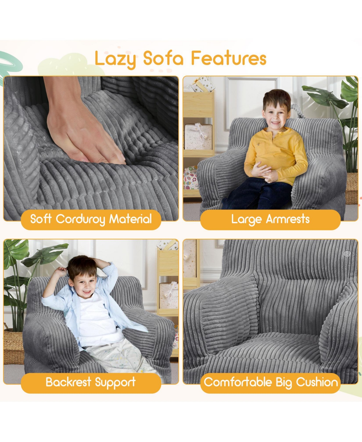 gaomon Kids Bean Bag Chair, Comfy Toddler Sofa, Soft Corduroy Lazy Chair for Boys and Girls, for Gaming, Reading, and Napping