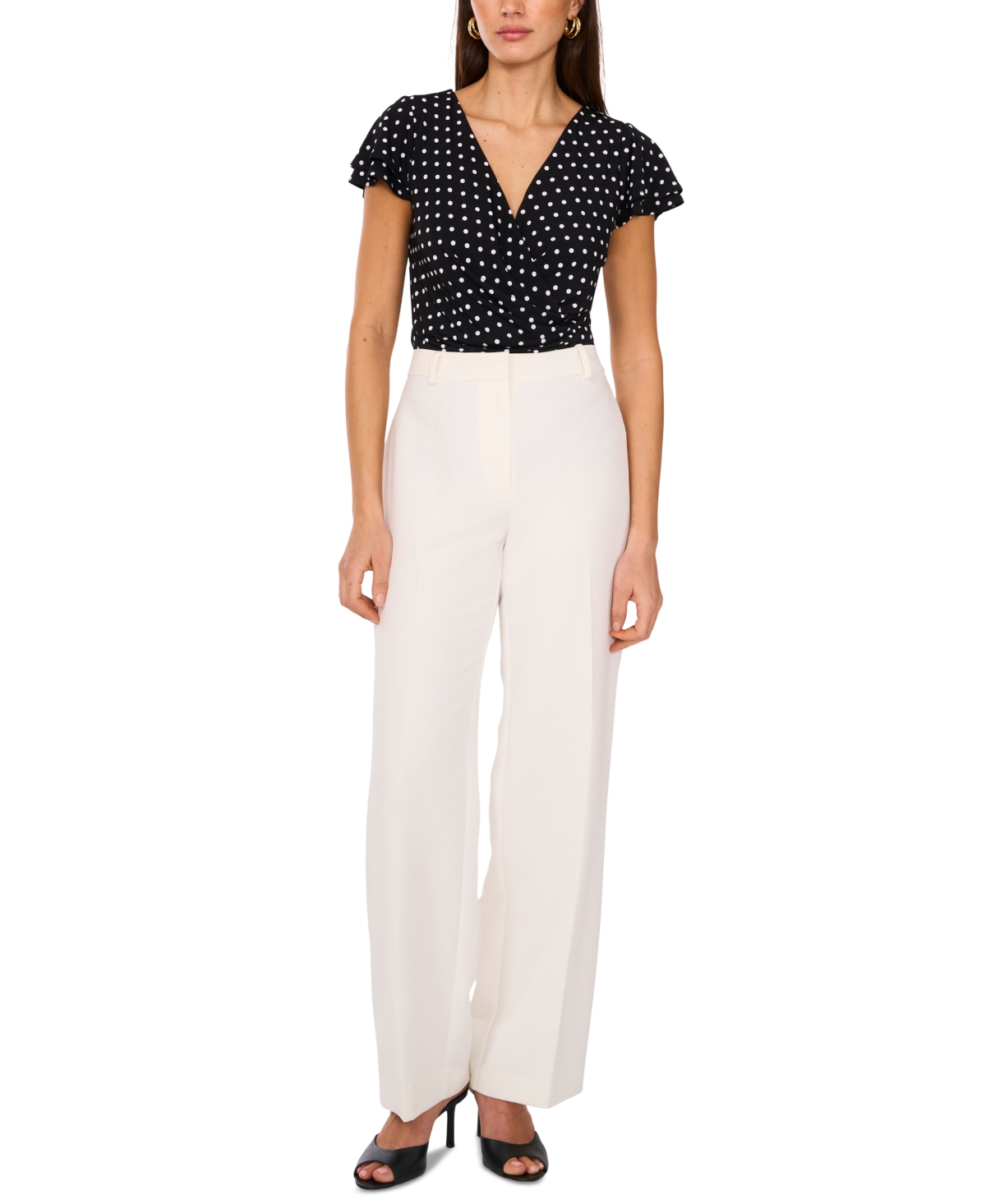 Shop Vince Camuto Women's Printed Faux-wrap Flutter-sleeve Top In Rich Black