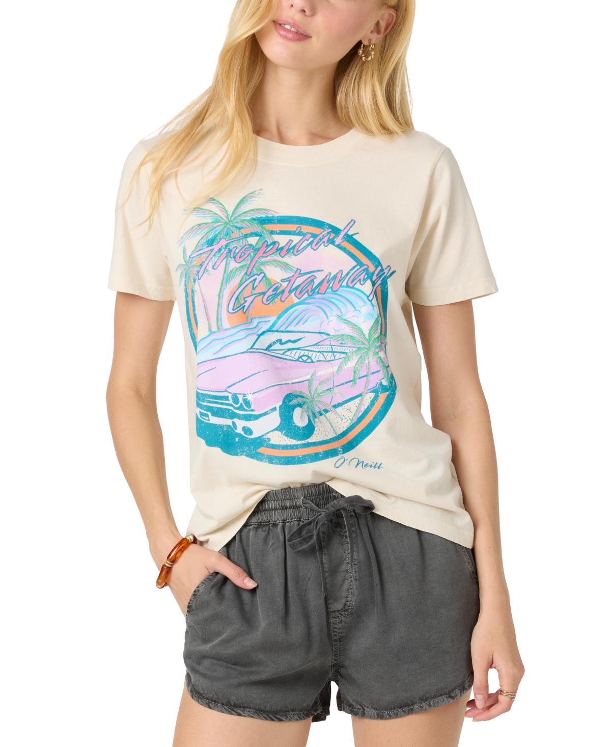 Juniors' Tropical Getaway Graphic T-Shirt - Tapioca