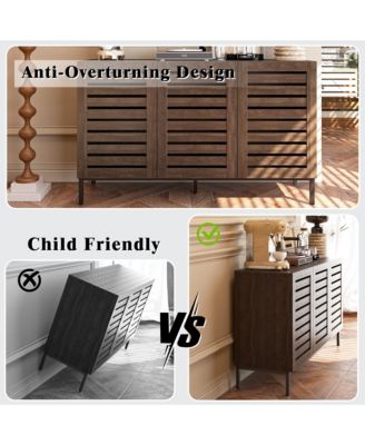 Farmhouse Sideboard Buffet Storage Cabinet with Strip Skeleton Door and Adjustable shelves, for living room dining room kitchen