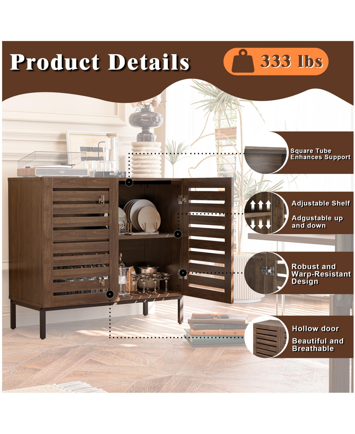 Lovmor Farmhouse Sideboard Buffet Storage Cabinet with Strip Skeleton Door and Adjustable shelves