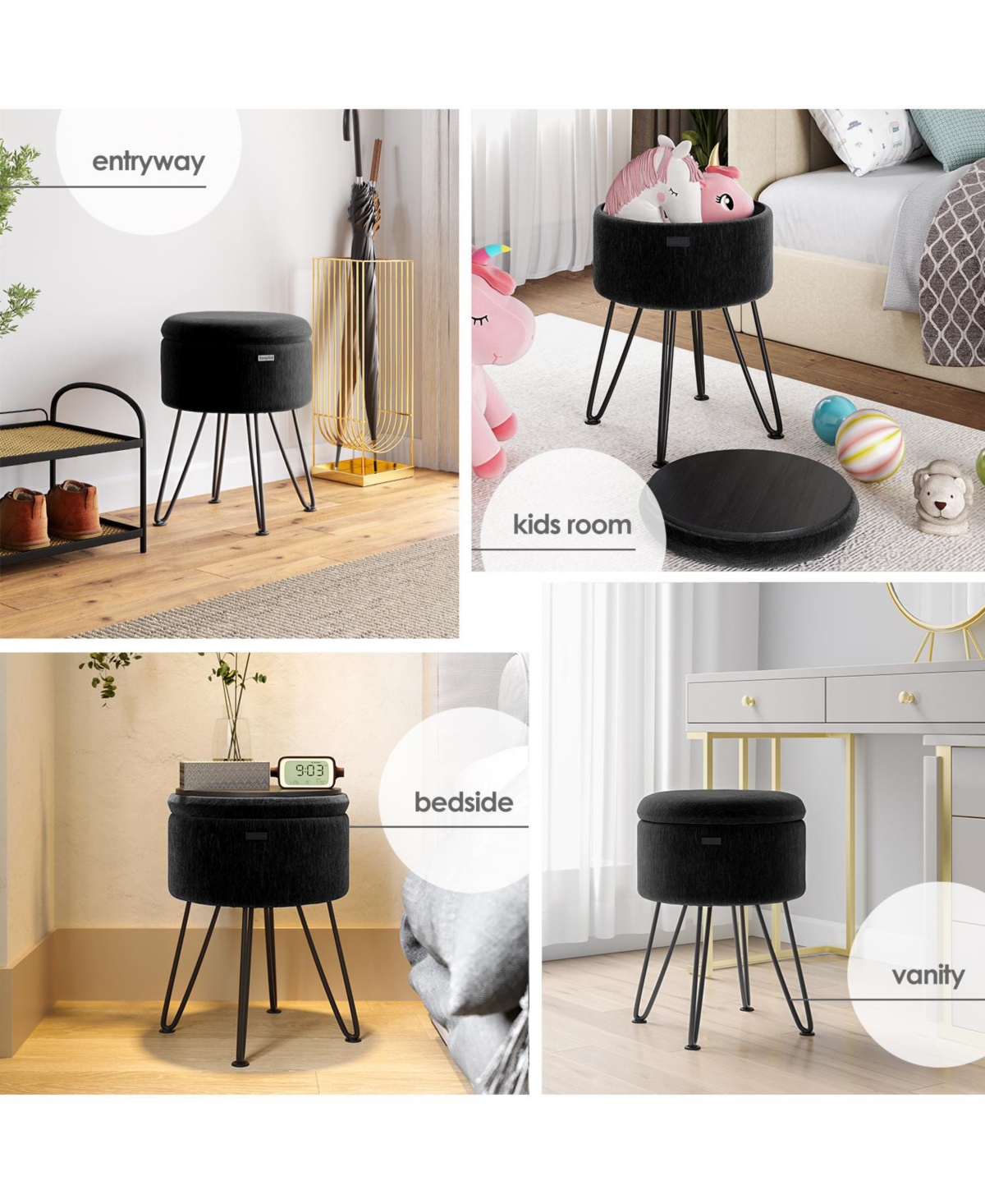 Nestl Textured Velvet Round Ottoman with Storage – Modern Foot Stool, Makeup Vanity Small Rest, Perfect for Living Room & B