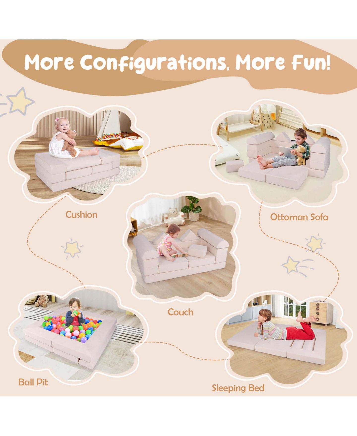 Детский конструктор Costway Kids Modular Play Couch 9-Piece Building Set, Ages 3+, цвет: Бежевый — фото 4