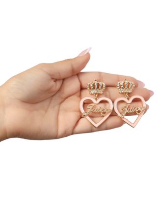 Gold-Tone Crown & Pink Heart Drop Earrings