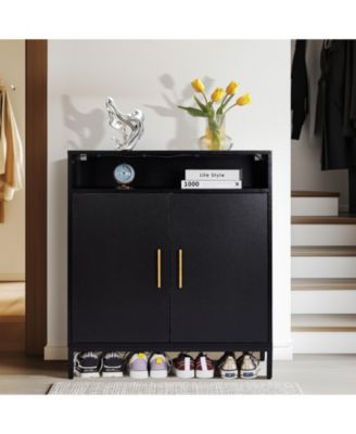 Double Door 6-Layer Shoe Cabinet with High Foot and LED Lights for Modern Shoe Storage and Display