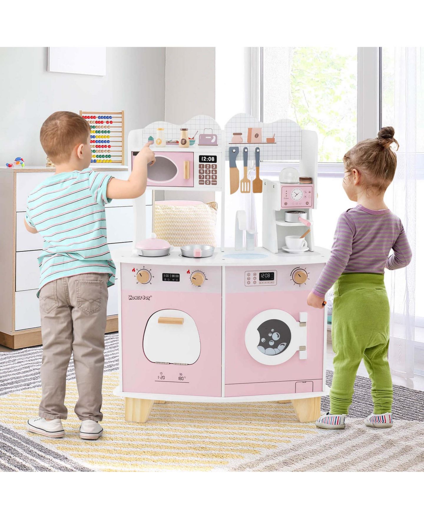 Детский игровой набор Costway Wooden Coffee Maker 1-Piece Kitchen Playset, от 3 лет, цвет: Розовый — фото 6