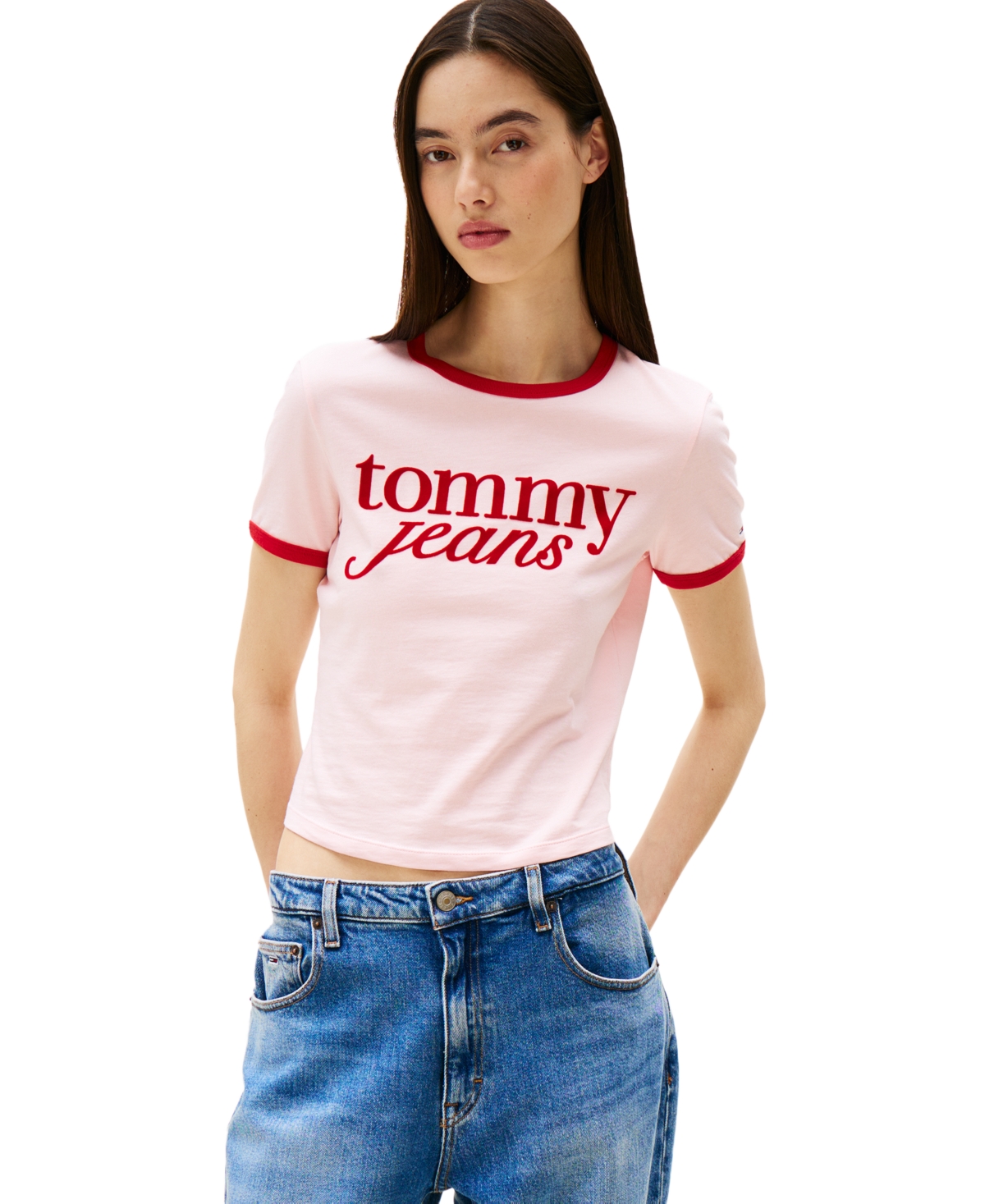 Tommy Jeans Womens Slim Logo Ringer T Shirt Layla High Rise Slim Straight Jeans In Precious Pink