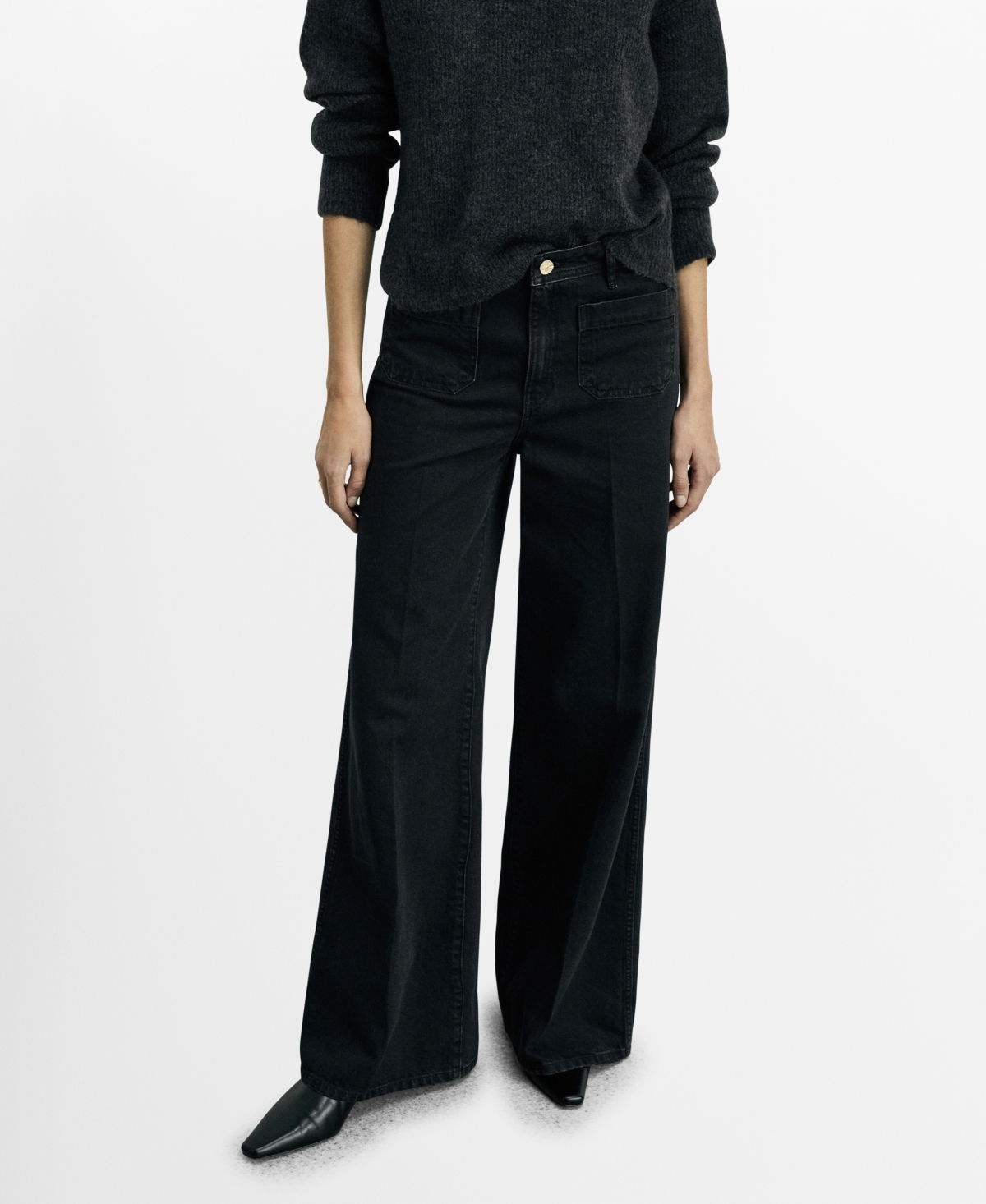 Shop Mango Women's Pockets Detail Wide Leg Jeans In Black Denim