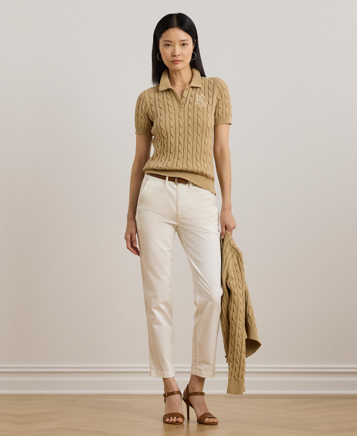 Ralph Lauren Cable-knit Cotton Polo Sweater In Birch Tan