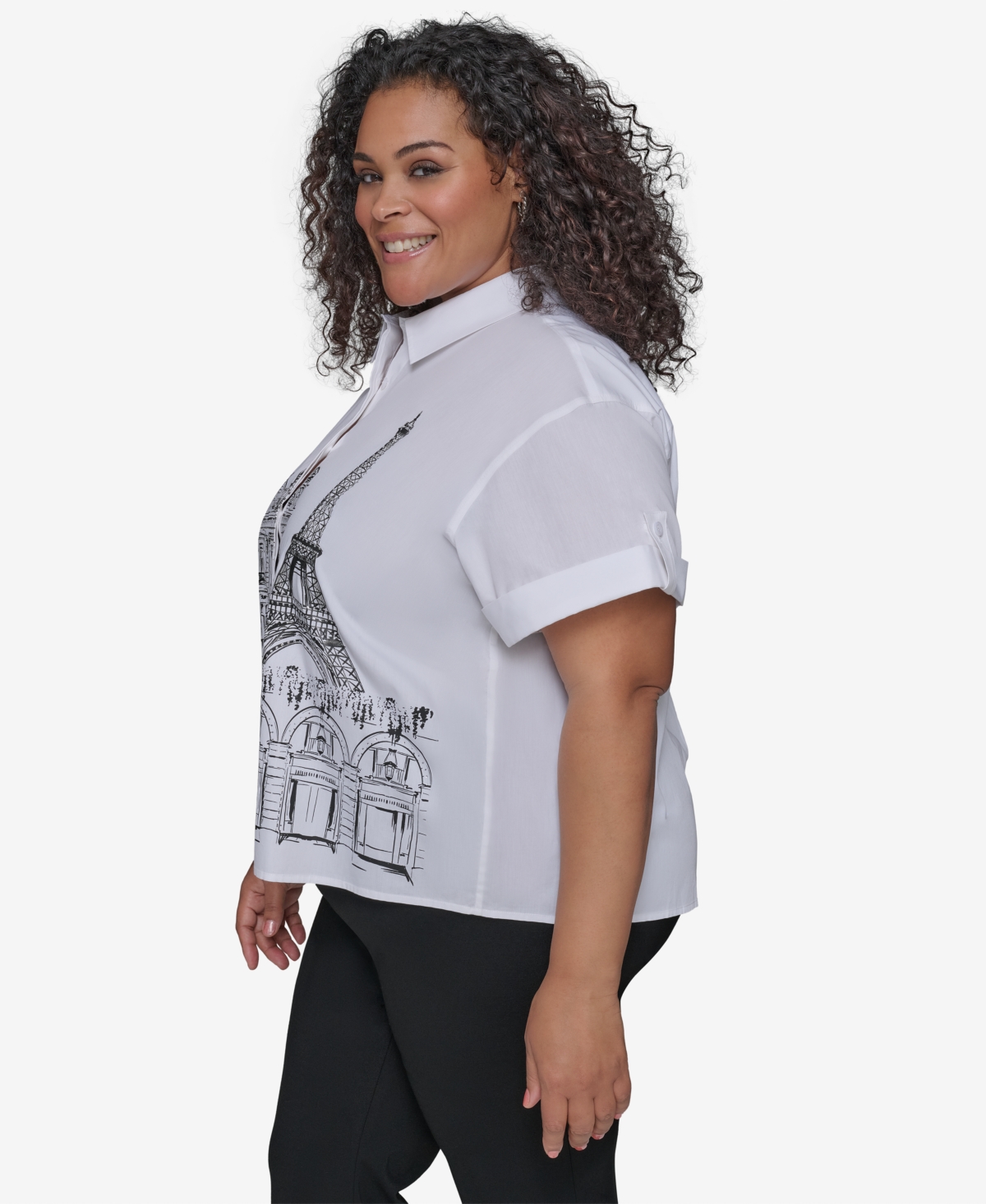 Karl Lagerfeld Plus Size City Scene Poplin Short Sleeve Shirt Crystal Cuffed Jeans In White