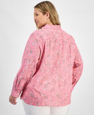 Plus Size Cotton Paisley-Print Utility Shirt