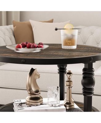 Round End Table, Small Accent Table with 3 Tier Storage Shelves, Farmhouse Wood Side Table, Metal Frame Industrial Night Stand for Living Room, Bedroom, Small Spaces