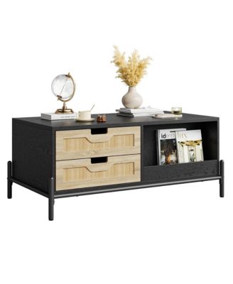 Coffee Table with LED Lights - Rectangle Open Storage Shelf Accent Center Sofa Table Modern Coffee Table with 4 Drawers Farmhouse Coffee Table for Living Room Apartment Office