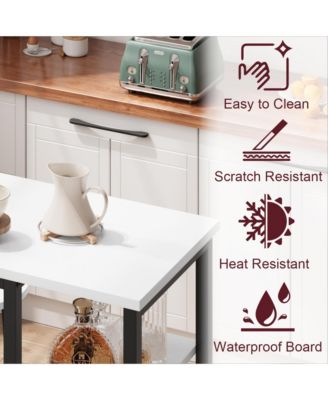 Bar Table and Stools for 2 with 3 Storage Shelves, Modern White Faux Marble Table with 2 PU Cushion Bar Stools