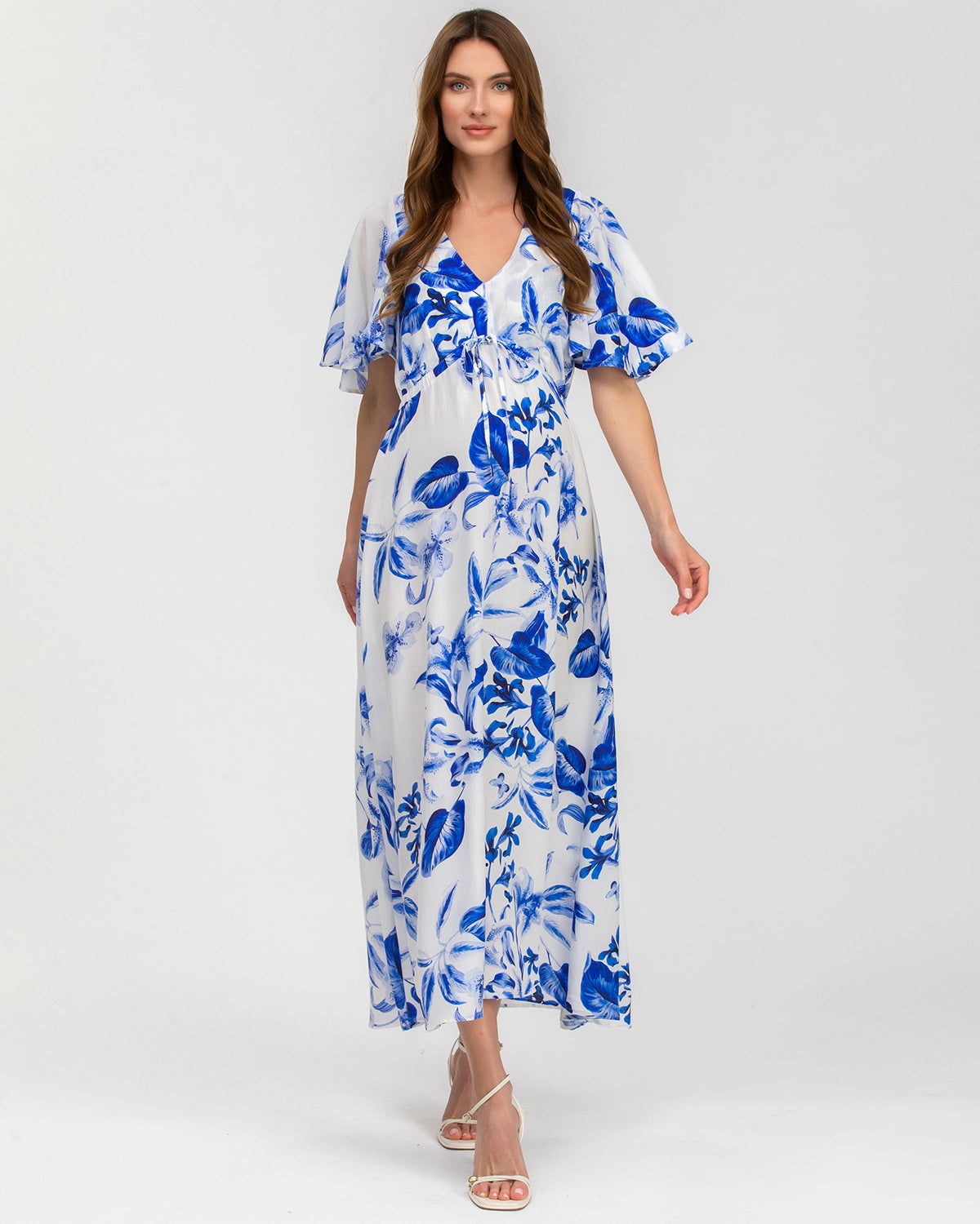 Maternity Flared Sleeve Maxi V-Neck Valentina Dress - Blue butterflies