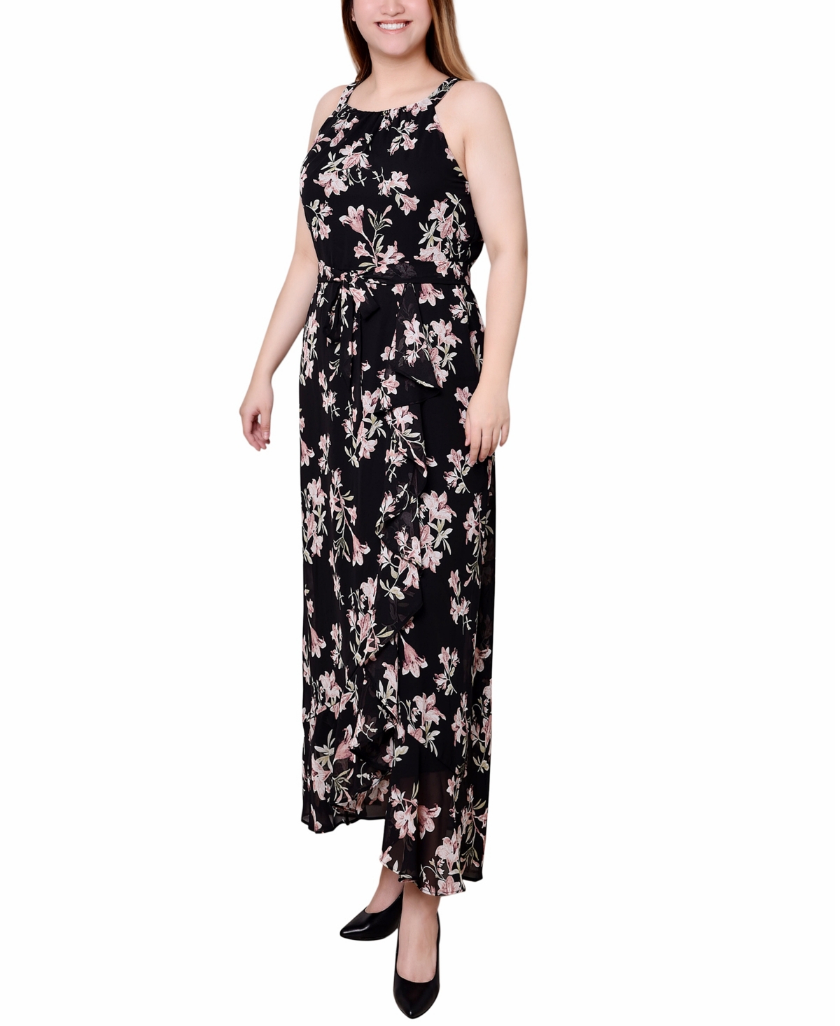 Shop Ny Collection Petite Halter Front Chiffon Maxi Dress In Black Pink