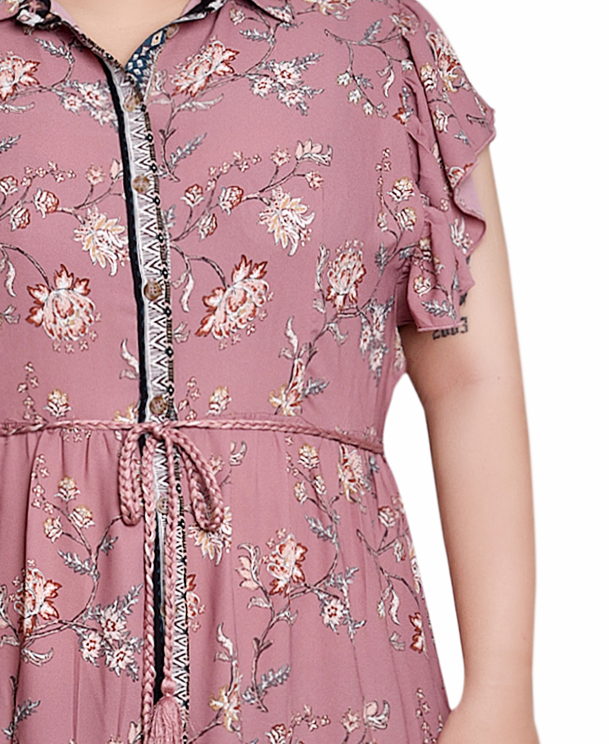 Ny Collection Plus Size Short Sleeve Tiered Border Print Dress In Mauve Floral