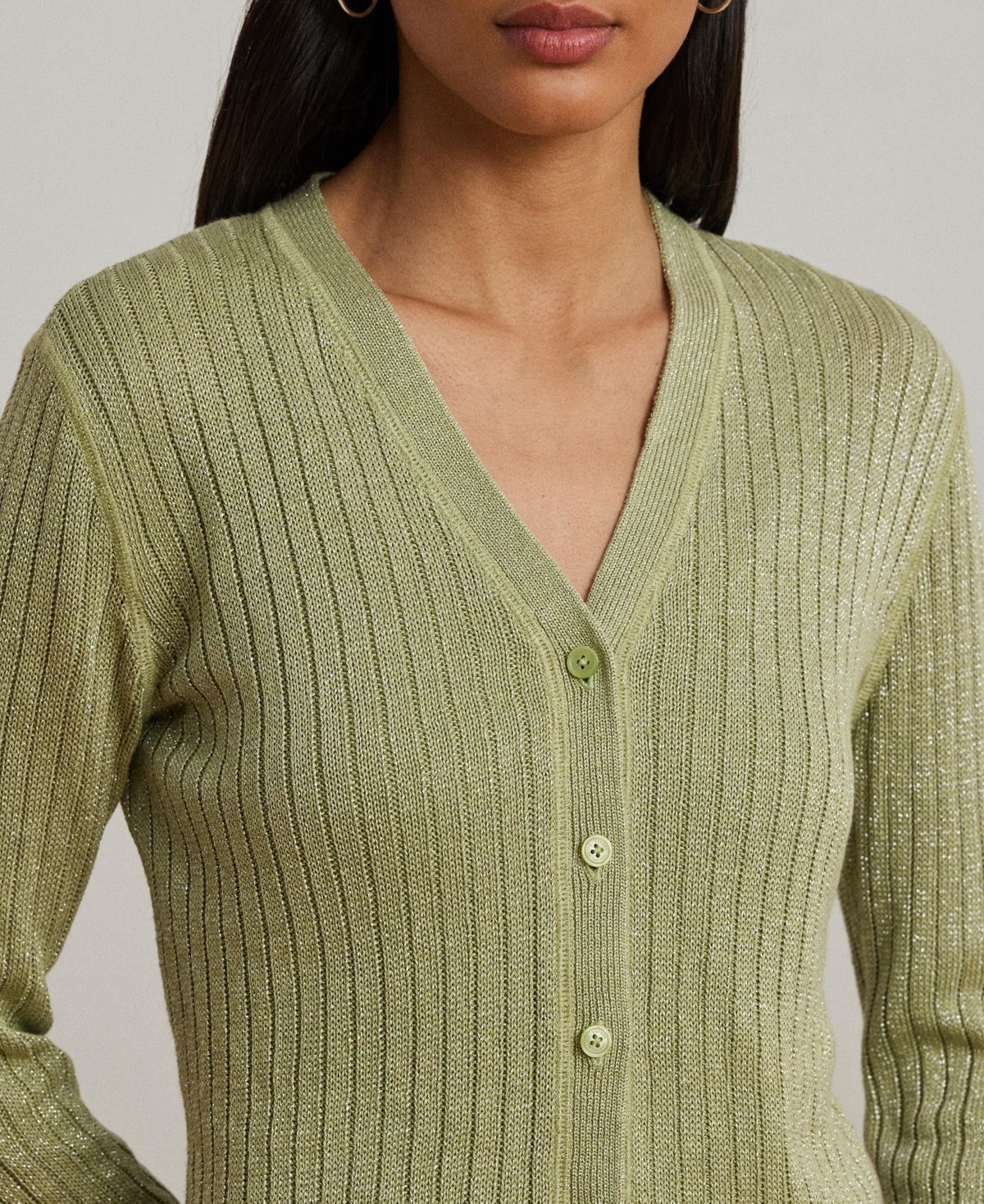 Ralph Lauren Metallic Linen-blend Rib-knit Cardigan In Light Olive