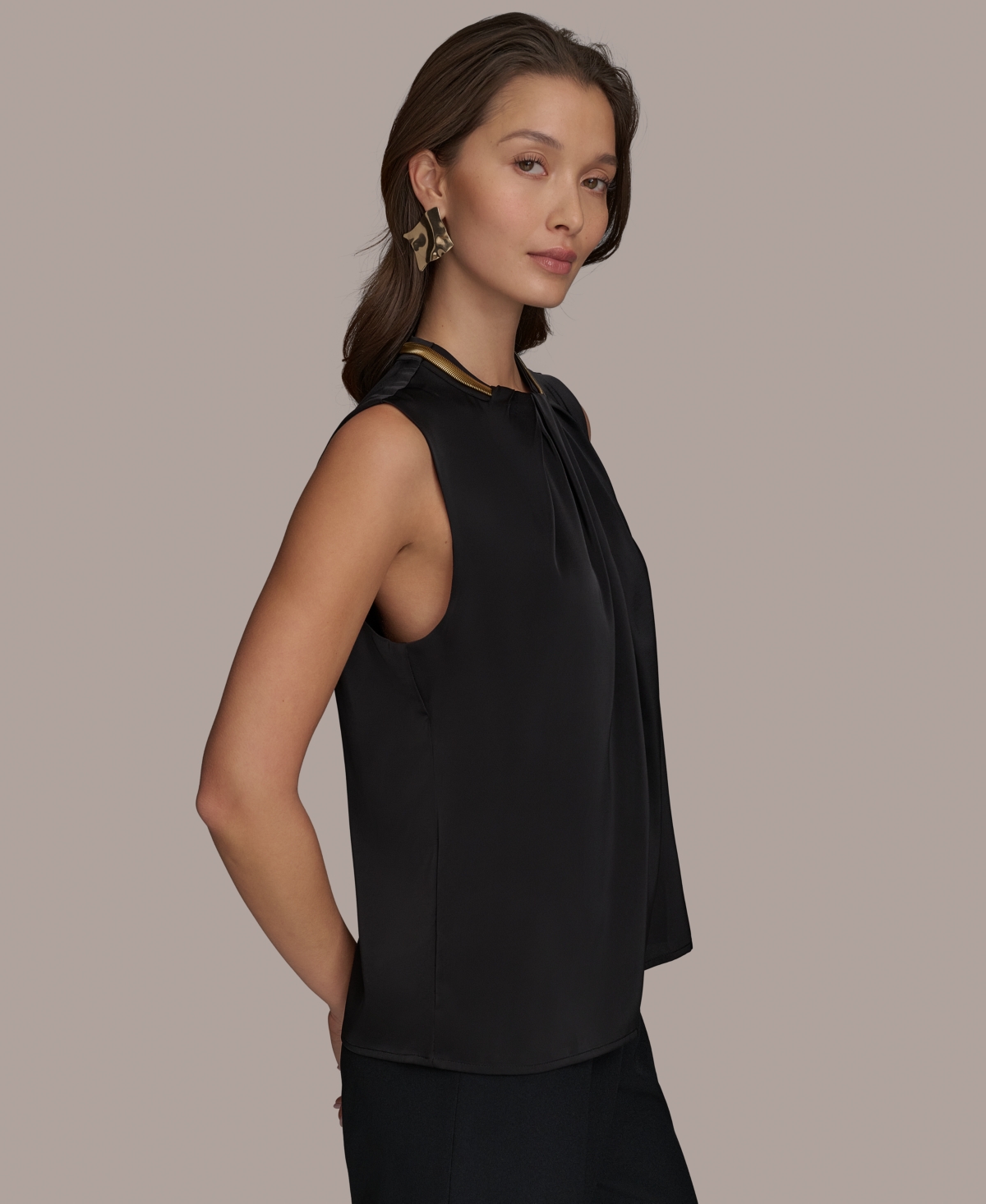 Shop Donna Karan Women's Chain Detail Twist-front Sleeveless Top In Black