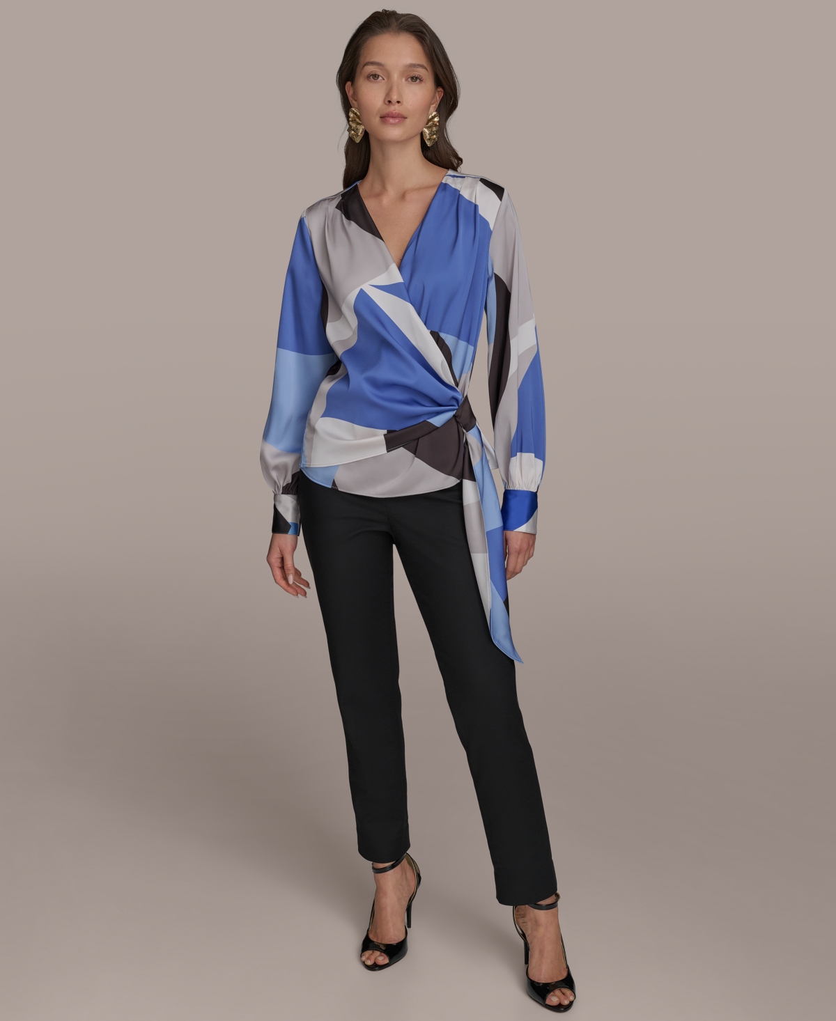 Shop Donna Karan Women's Faux-wrap Long-sleeve Top In Cielo Multi