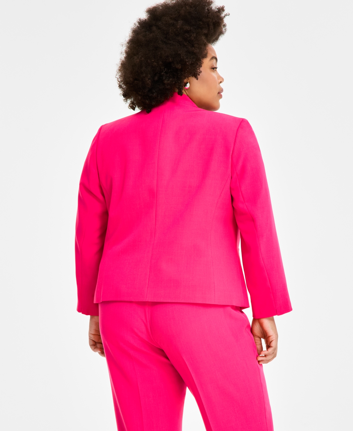 Kasper Plus Size Open Front Blazer Printed Blouse Stretch Crepe Straight Fit Suit Pants In Pink Perfection