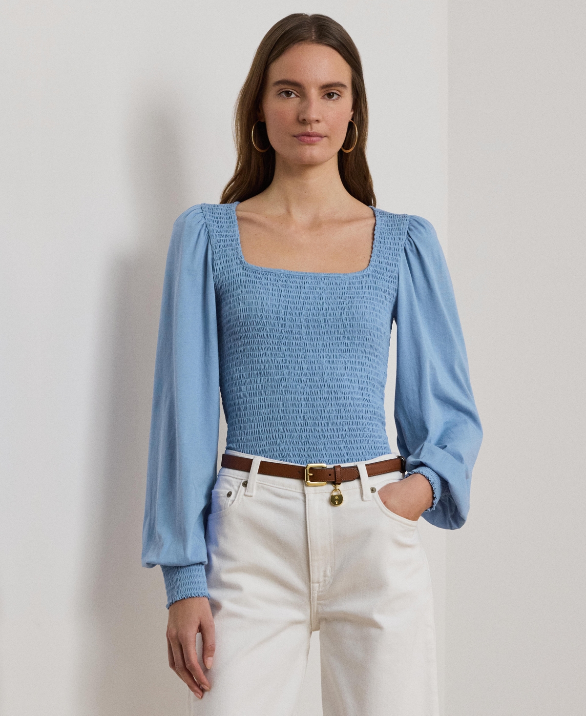 Shop Ralph Lauren Women's Smocked Jersey Blouson-sleeve Top In Sky Blue