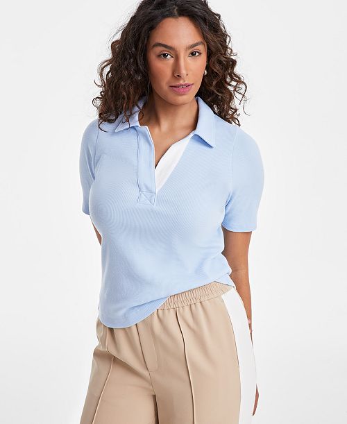 alfani On 34th Women's Elbow-Sleeve Ribbed Polo Top Exclusively at Macy's Women's Fashion Shoes & Accessories