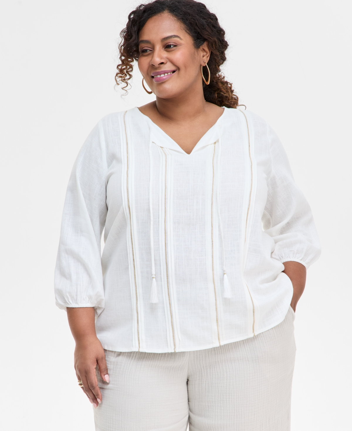 Jm Collection Plus Size Pleated Split-neck Top, Exclusively At Macy's