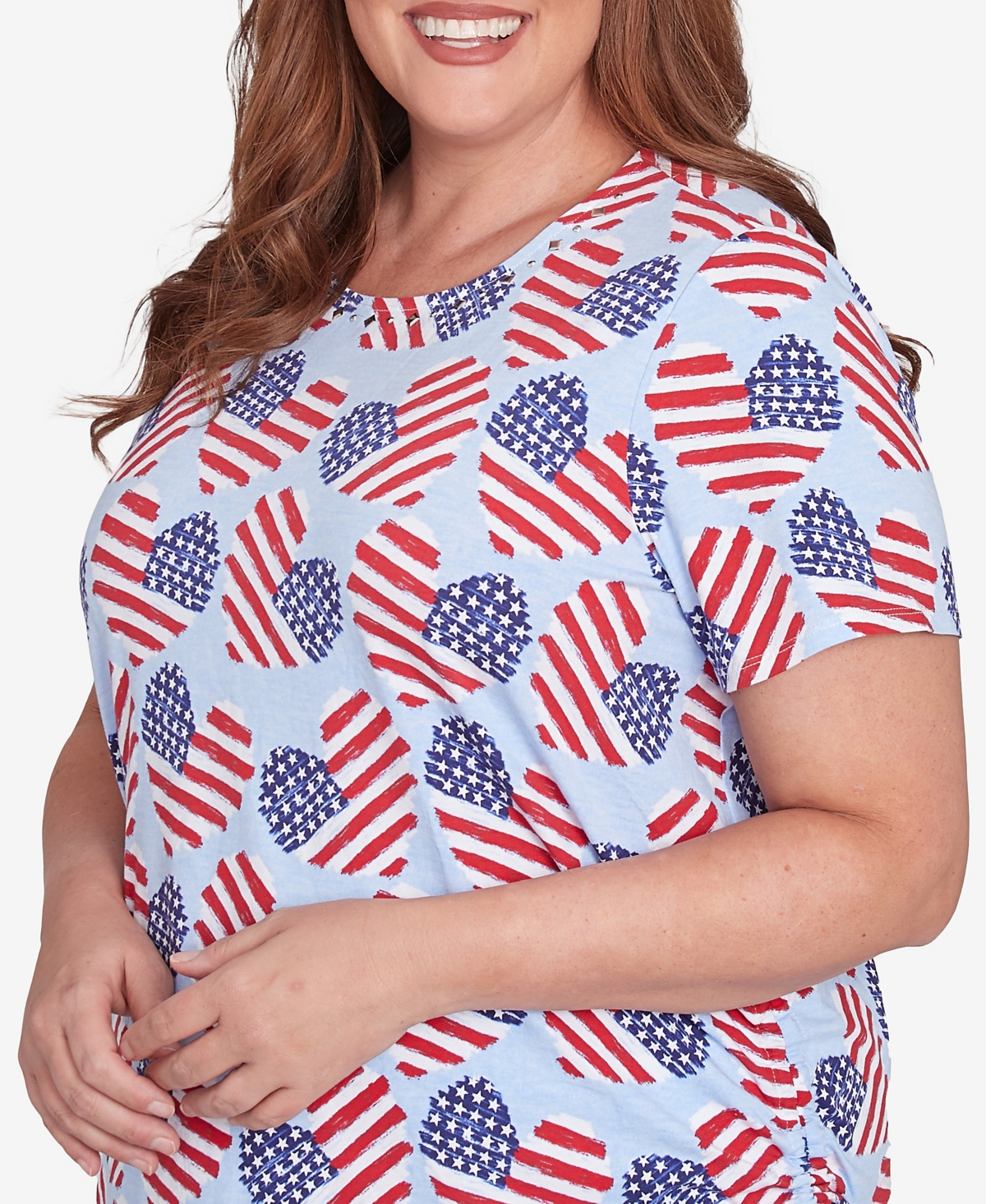 Alfred Dunner Plus Size Flag Heart Top With Side Ruching In Blue